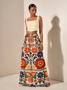 Zivah Estilo de vacaciones casual Conjunto de 2 piezas de top de tirantes finos y pantalones de pierna ancha con bolsillos, con estampado geométrico retro, de tela texturizada, adecuado para vacaciones - Multicolor - Ver 3