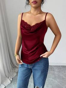 Rafferiza Áo hai dây ren satin thanh lịch dành cho nữ màu đen - Màu đỏ tím - Xem 3
