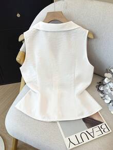 SHEIN Franclia Women's Casual Polo Embroidery Collar Sleeveless White Shirt, Spring/Summer - White - View 2