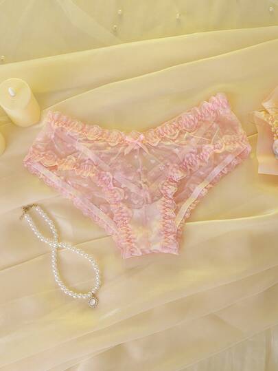 Pink Valentine's Day Mesh Patchwork Bow Hollow Out Sheer Lace Splice Cute Panties For Women