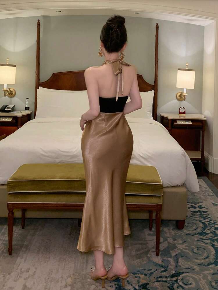 Women's Elegant Contrast Color Splice Halter Dress, Summer,Wedding Guest Dress Women