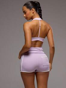 Musera Sport Áo ngực thể thao cổ yếm, dây đeo lưng có thể tháo rời, chi tiết nhún bèo phía trước, thích hợp cho tập luyện, tập gym, pilates, thể dục, mặc hàng ngày, nữ tính, thoải mái, gợi cảm. - Màu tím hoa cà - Xem 1