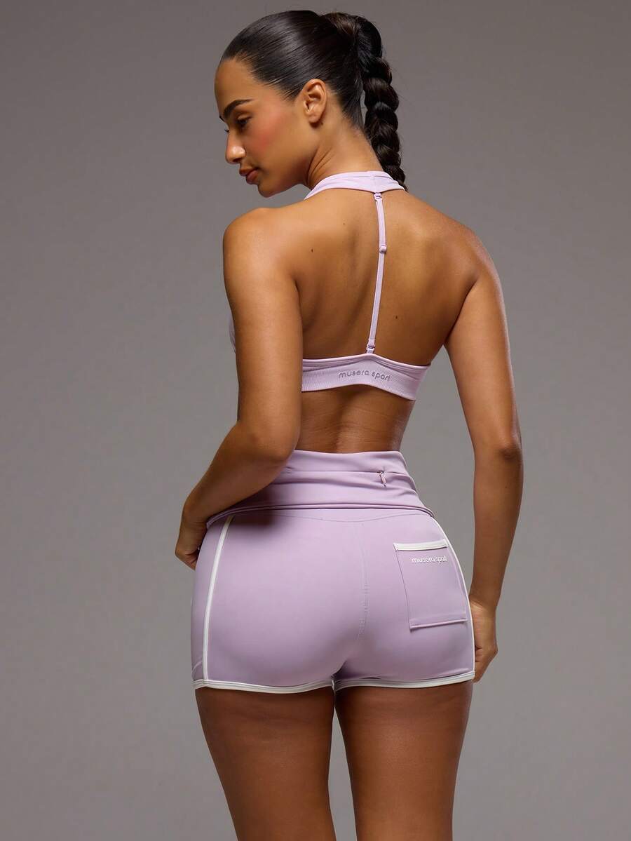 Musera Sport Áo ngực thể thao cổ yếm, dây đeo lưng có thể tháo rời, chi tiết nhún bèo phía trước, thích hợp cho tập luyện, tập gym, pilates, thể dục, mặc hàng ngày, nữ tính, thoải mái, gợi cảm. - Màu tím hoa cà - Xem 1