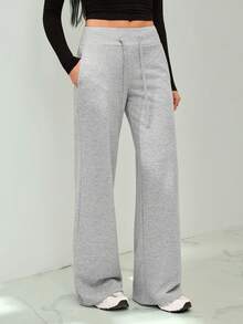 SHEIN Tall Comfortable And Casual Plain Knitted Low-Rise Wide-Leg Women's Sweatpants - Grey - View 1