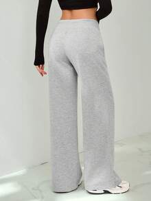 SHEIN Tall Comfortable And Casual Plain Knitted Low-Rise Wide-Leg Women's Sweatpants - Grey - View 2