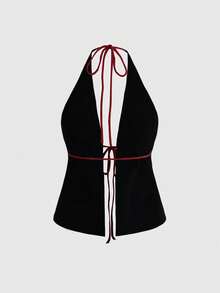 ROMWE Avant Women's Y2K Style Halter Neck Embroidered Slogan Knit Sweater - Black - View 2