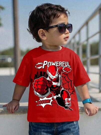 SHEIN Camiseta de manga corta holgada y cómoda con estampado de telaraña y bloques de color, estilo deportivo casual clásico para niño, adecuada para el verano