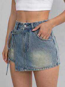 SHEIN EZwear 女士休闲牛仔短裤，斜插口袋，打结设计 - 中等水洗藍 - 查看 5