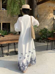 DAZY 女士度假流苏系领灯笼袖花卉刺绣镂空连衣裙 - 白色 - 查看 4