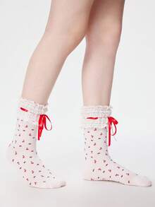 ROMWE Kawaii 1双甜美花卉蕾丝大蕾丝手工筒袜 - 白色2 - 查看 4