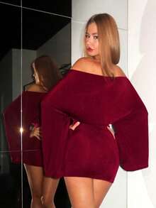 SHEIN Tall 女士纯色长袖收腰时尚不对称肩部夏季连衣裙 - 酒紅色 - 查看 2