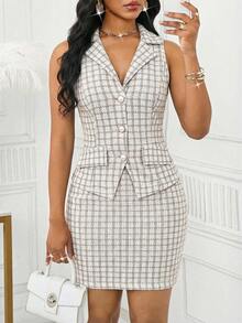SHEIN Lady Women's Elegant Commuter Plaid Vest & Skirt Suit Set - Black and White - View 6
