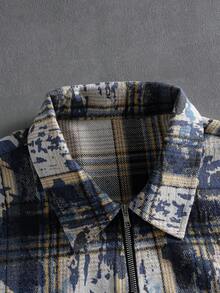 PAVTROS Camisa Xadrez Vintage Masculina, Folgada, Grunge, Manga Longa, Streetwear Camisa Boxy de Manga Longa com Zíper na Frente, Reinterpretação Retrô, Padrão Xadrez Clássico e Desgastado, Acentos Numéricos Minimalistas, Marcante e Moderno, Fusão de Estilos Contemporâneos e Vintage, Adequado para Casual, Streetwear, Outdoor, Festas Temáticas, Looks de Moda, Presentes de Férias, Presentes para Namorado/Marido - Azul Marinho - Visão 5
