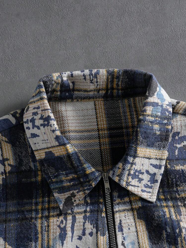 PAVTROS Men's Vintage Checkered Shirt,Navy Blue Streetwear Zip