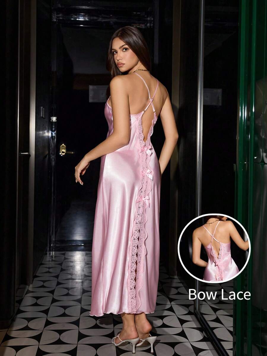 SilkySpell Backless Bowknot Lace Patchwork Faux Silk Sexy Nightgown - Baby Pink - View 1