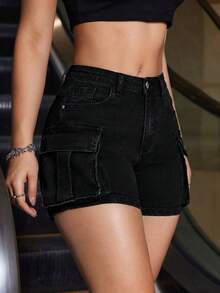 Jeanoix Quần short denim nữ đơn giản, màu trơn, có túi, dáng ôm, thích hợp mặc mùa hè. - màu đen - Xem 6