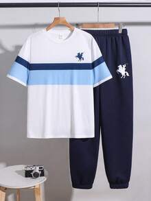 SHEIN 2件套青少年男童休闲简约字母印花圆领套头衫套装，适合夏季、运动、跑步、户外活动 - 彩色 - 查看 3