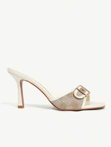 CUCCOO CHICEST Beige PU Color Scheme Small Rose Splicing Gold Buckle Design Fashionable And Sexy Elegant Round Toe High Heel Slippers - rice apricot - View 4