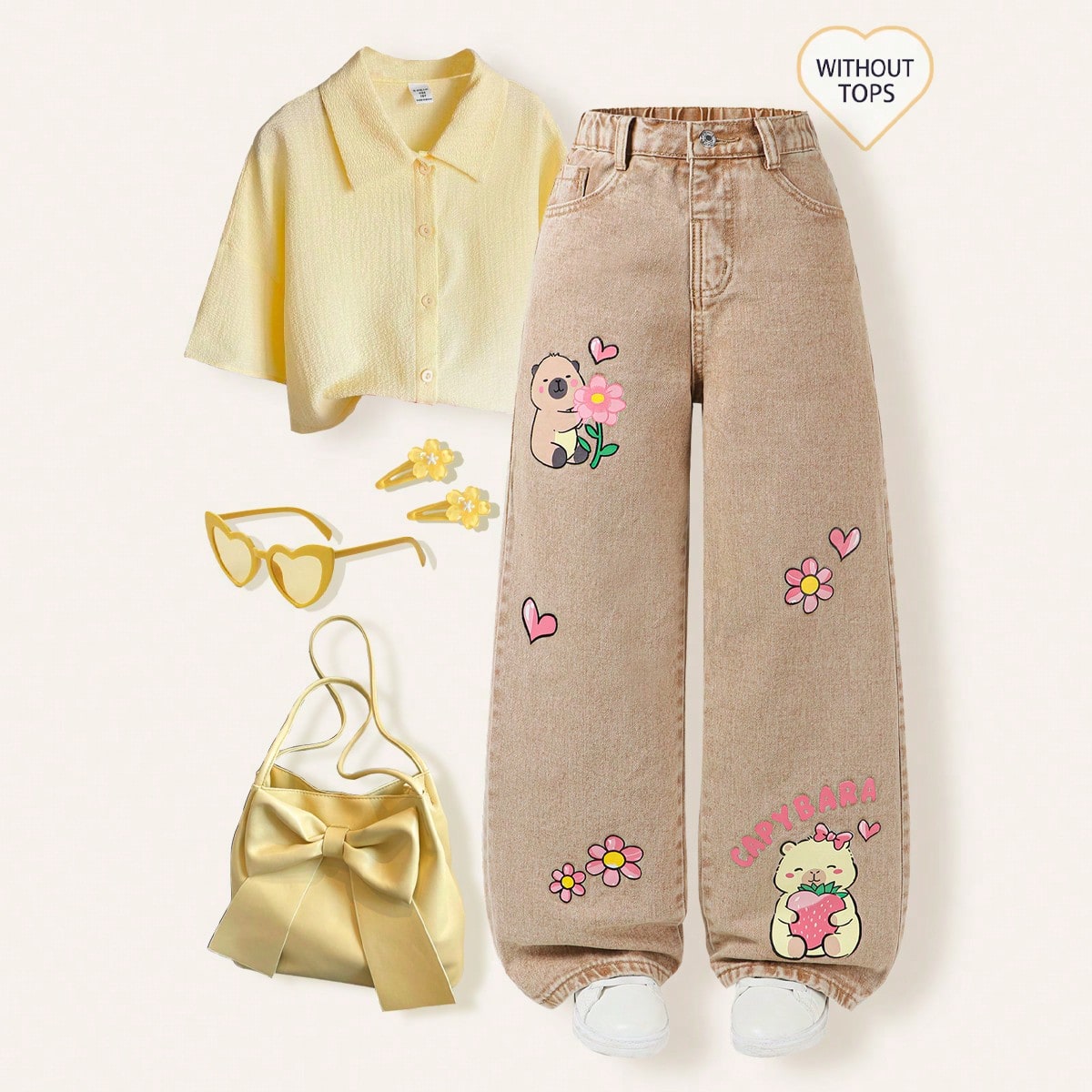 Pieza Jeans de pierna recta con estampado de dibujo animado de Capibara para niñas preadolescentes, moda casual dulce y linda recomendada! Tela de me