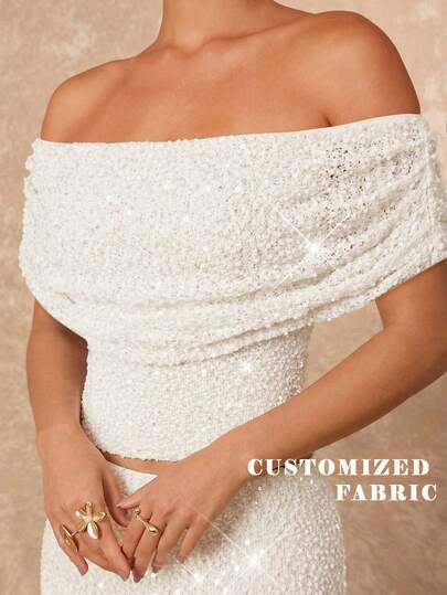 Lumalex 亮片装饰露肩褶皱喇叭袖修身女式T恤