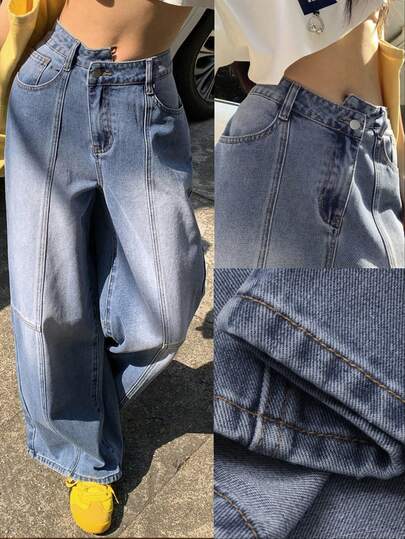 FRIFUL جينز بساق واسعة للنساء، قابل للارتداء في المناسبات اليومية، مزود بجيوب وأزرار