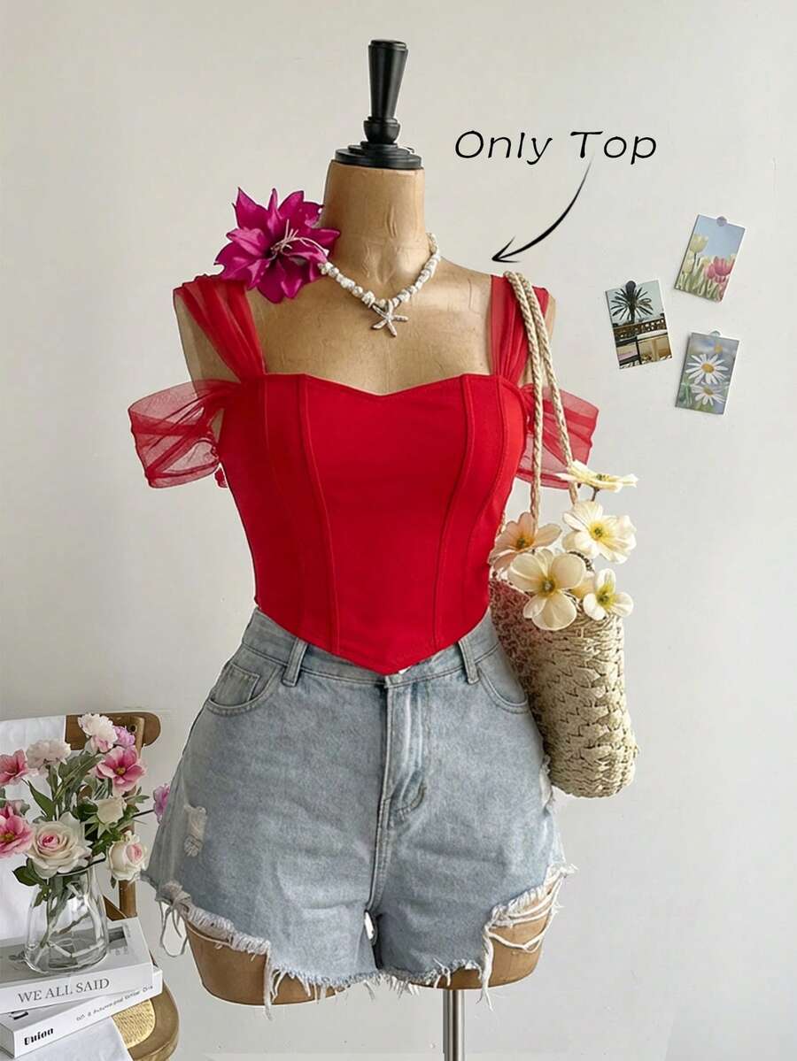 SHEIN MOD 大码露肩褶皱下摆红色上衣，适合外出穿着，情人节红色胸衣，红色束身衣，Y2K风格红色夏季上衣，红色度假风 - 紅色 - 查看 1