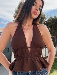 Maca Silvats 女士性感纯色露背吊带上衣，夏季 - 咖啡棕 - 查看 3
