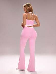 Sovereign Charm 女士高腰瑜伽运动裤，蜜桃色提拉健身跑步喇叭裤，裸感弹力面料 - 粉色 - 查看 2