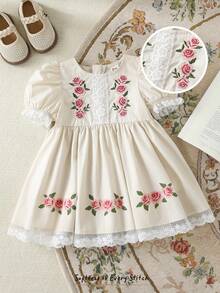 Cozy Pixies Đầm bé gái in hoa, cổ tròn, tay phồng, eo thon. - Màu be - Xem 1