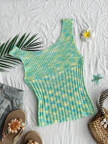 SHEIN SunnyBelle Y2K Women's Hollow-Out Gradient Knit Sleeveless Crop Top With Waist Cinching, Suitable For Spring/Summer Island Vacation - Multicolor - View 1