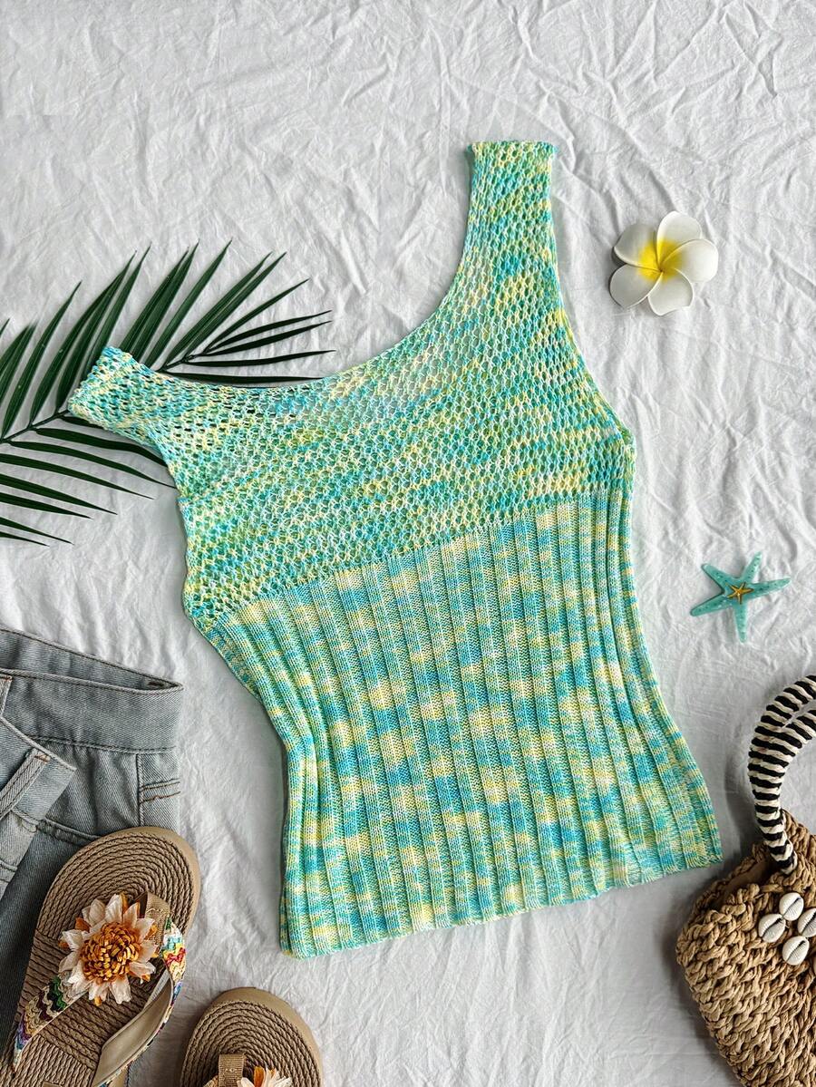 SHEIN SunnyBelle Y2K Women's Hollow-Out Gradient Knit Sleeveless Crop Top With Waist Cinching, Suitable For Spring/Summer Island Vacation - Multicolor - View 1