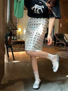 DAZY 女士优雅亮片波点蕾丝半身裙，法式高腰设计 - 白色 - 查看 3