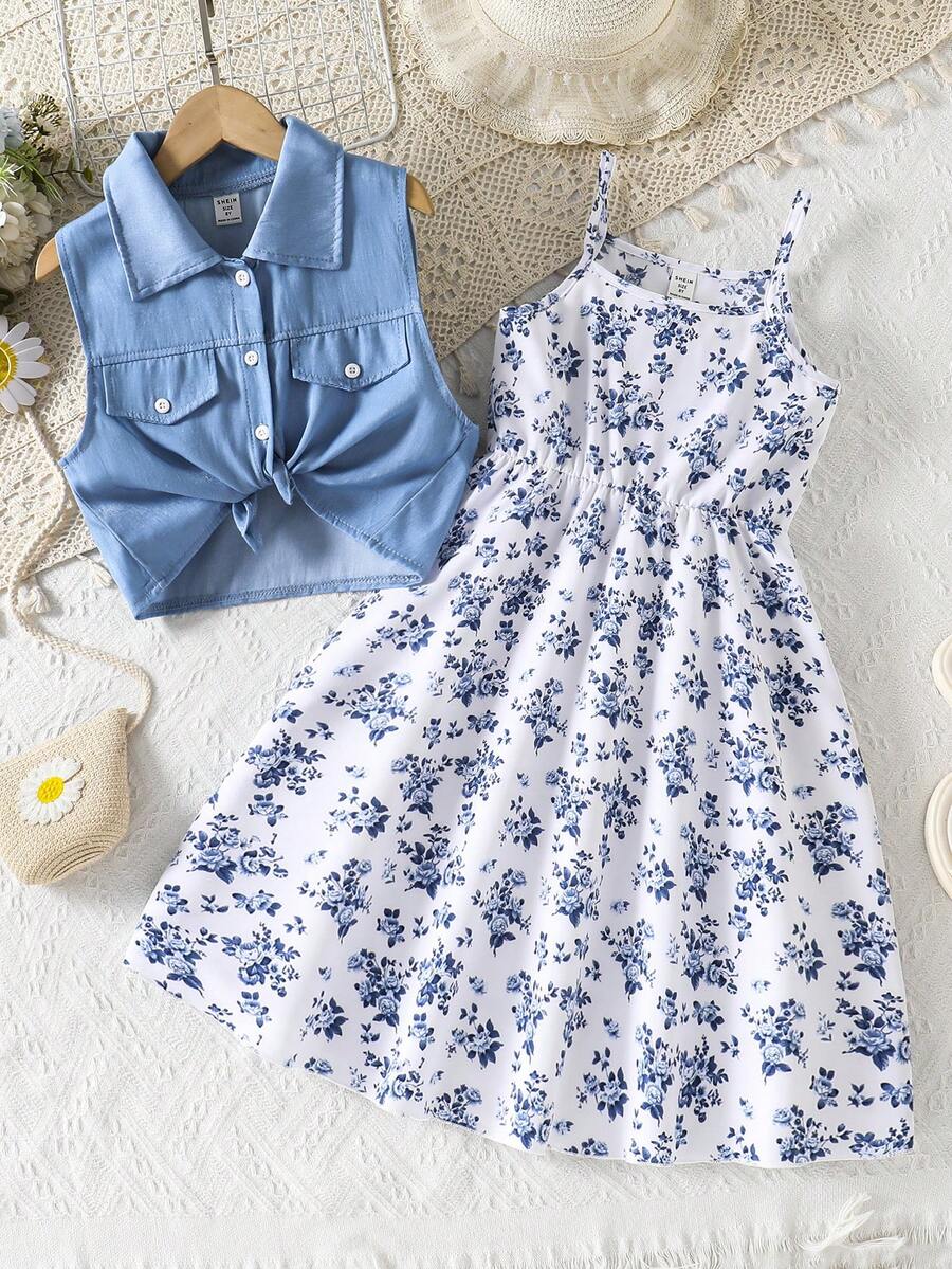 SHEIN Set de 2 piezas de chaleco de mezclilla y vestido camisola con estampado floral colorido para niñas preadolescentes, primavera/verano
