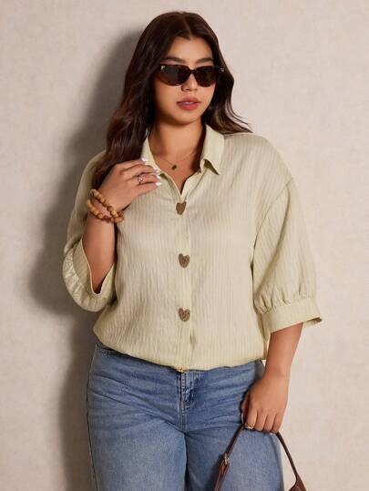 Elaquor Plus Size Women Summer Casual Vacation Everyday Commute Solid Textured Fabric Bubble Short Sleeve Shirt Spring/Summer Casual Vacation Blouse For Women