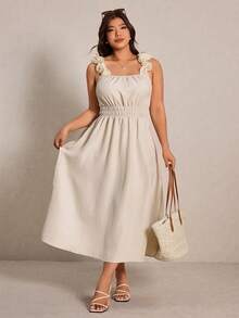 Elaquor Plus Size Women Solid Color Square Neck Ruched Waist Dress,Beige Summer Elegant Tea Party Wedding Guest Holiday Casual Beach Vacation Sun Dress - Apricot - View 5