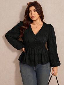 Elaquor Camisa de manga larga con cuello en V minimalista de unicolor, para uso casual diario, talla grande - Negro - Ver 5