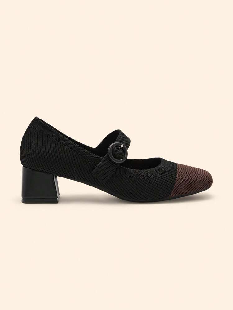 CUCCOO BASICS Women's Round Toe Thick Sole Black Knit Slip-On Buckle Strap Comfortable Breathable Casual Commute Versatile Mary Jane Flat Shoes