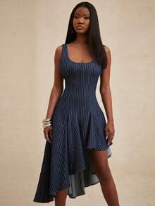 NYA SZN 女士条纹荷叶边不对称下摆优雅收腰牛仔派对连衣裙 - 深色水洗藍 - 查看 7