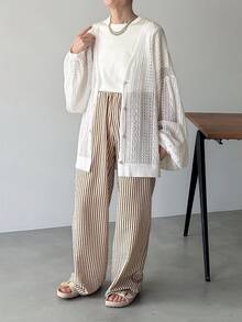 FRIFUL Women's Solid Color V-Neck Single-Breasted Hollow Casual Versatile Lightweight Cardigan For Daily Wear - White - View 3