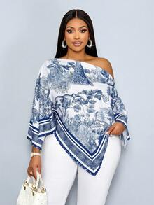 SOLERSUN 女士加大码休闲优雅杏色印花不对称领长袖不对称下摆衬衫斜肩开衩袖宽松时尚衬衫复古日落假日印花蝙蝠袖上衣新款上市百搭日常通勤、外出、静谧奢华假期 - 藏蓝色 - 查看 1