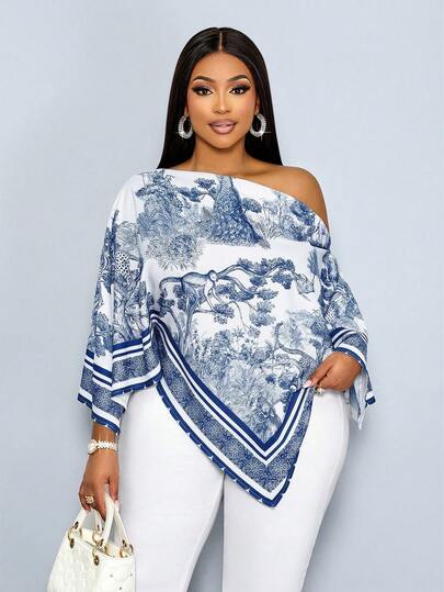 SOLERSUN Women's Plus Size Casual Elegant Apricot Patterned Asymmetric Neck Long Sleeve Asymmetrical Hem Blouse Oblique Shoulder Split Sleeve Loose Fashionable Shirt Vintage Sunset Holiday Print Batwing Sleeve Tops New Arrival Versatile Daily Commuting,Going Out,Quiet Luxury Vacation