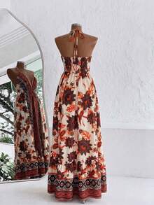 Sweetra Vacation Style Printed Minimalist Beach Slip Dress - Orange - View 2