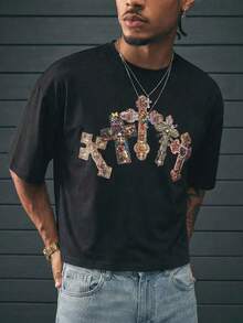 AXEPEAK Camiseta de verano de manga corta y cuello redondo para hombres con diseño de cruz versátil y de moda - Negro - Ver 1