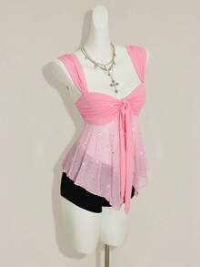 SHEIN ICON Women's Shiny Sequin Asymmetrical Mesh Hem Knotted Front Camisole - Pink - View 6