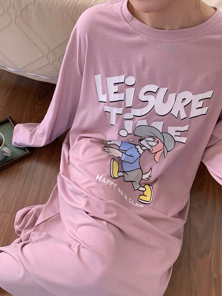 Dazy Plus Plus Size Women Cartoon Print Loose Fit Crew Neck Long Sleeve Nightgown, Comfortable Home Dress For Spring & Autumn