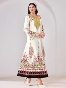 Yasmyna Casual Floral Print Contrast Lace Flare Sleeve Loose Arabic Dress - Multicolor - View 5