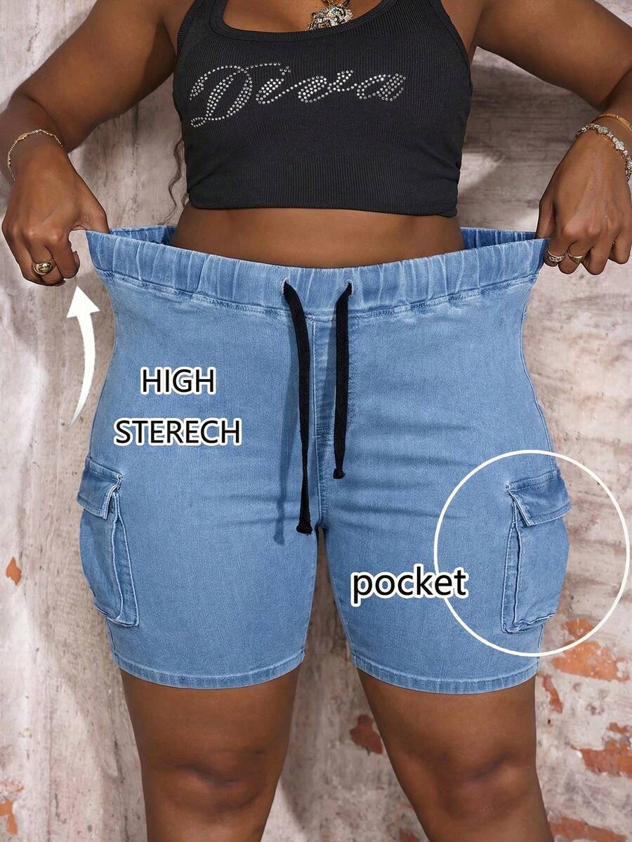 Slaydiva 大码高腰紧身性感工装牛仔短裤 - 淺色水洗藍 - 查看 1