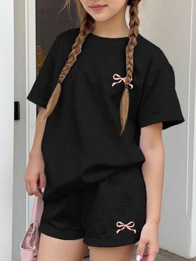 2pcs/Set Teen Girl Casual Minimalist Bow Decor Round Neck Short Sleeve T-Shirt And Shorts Set, Suitable For Spring/Summer