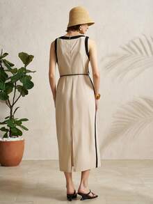 Airaco Women's Casual Sleeveless Tie-Front Contrast Trim Dress, Summer - Apricot - View 2