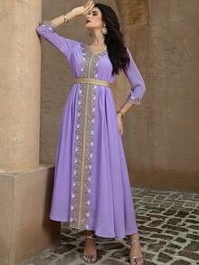 SHEIN Najma Layered Chiffon Elegant Lace Maxi Dress, Light Purple, Long Sleeve - Mauve Purple - View 8